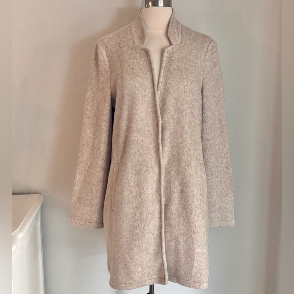 Vero Moda Katrine Brushed Long Jacket. Beige Snap Front, Size Large,